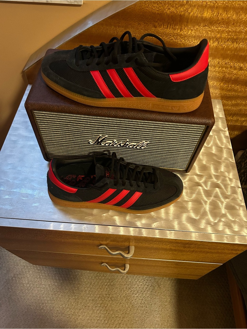 Adidas Speziale  in black with Red Stripes and Gum Sole